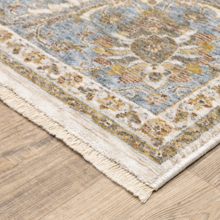 3' x 5' Ivory and Blue Oriental Power Loom Stain Resistant Area Rug with Fringe