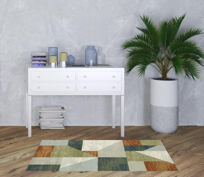 3' x 5' Grey Teal Blue Rust Green and Ivory Geometric Power Loom Stain Resistant Area Rug