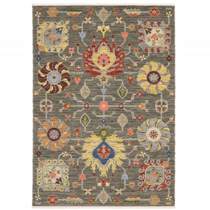 3' x 5' Grey Charcoal Yellow Blue Rust Red Pink Green & Ivory Oriental Power Loom Area Rug