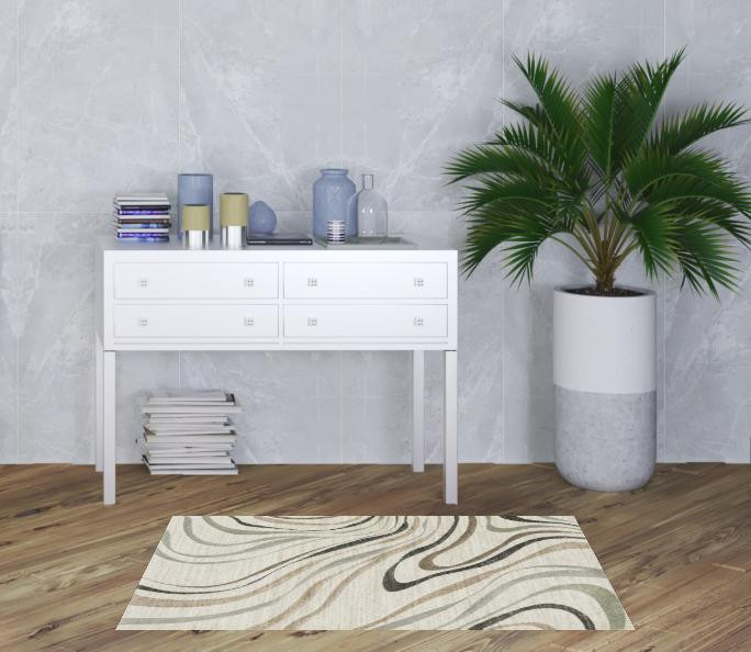 3' x 5' Beige Grey Brown Sage Pale Blue Tan and Charcoal Abstract Power Loom Area Rug