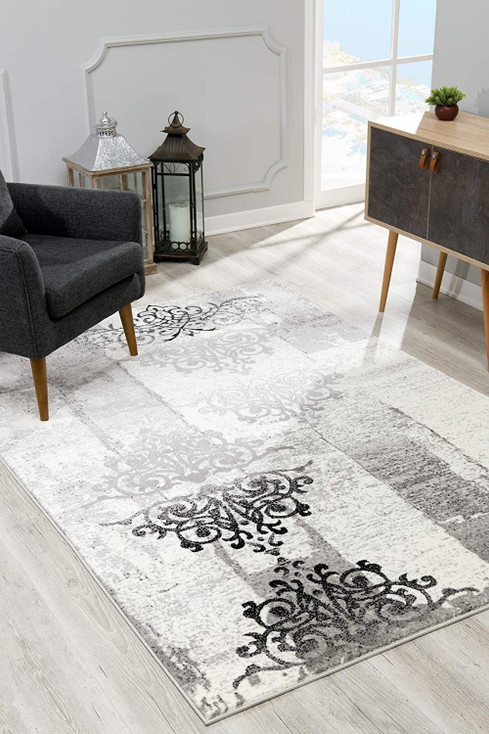 3' x 5' Gray Damask Dhurrie Area Rug