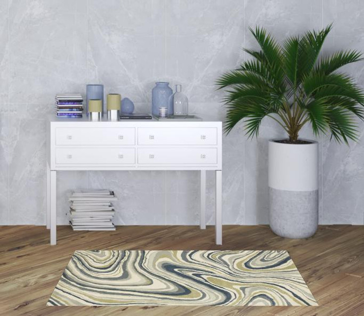 3' x 5' Ivory Blue and Beige Abstract Power Loom Stain Resistant Area Rug