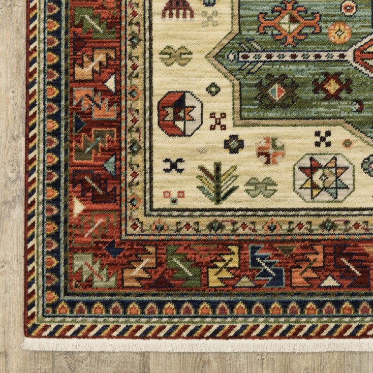 3' x 5' Brick Red Orange Rust Beige Gold Pale Blue Olive Navy & Black Oriental Power Loom Rug