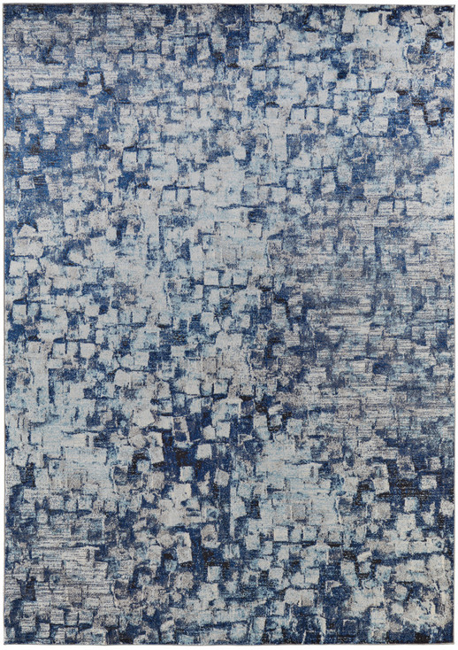 3' x 5' Blue and Ivory Abstract Power Loom Distressed Stain Resistant Area Rug