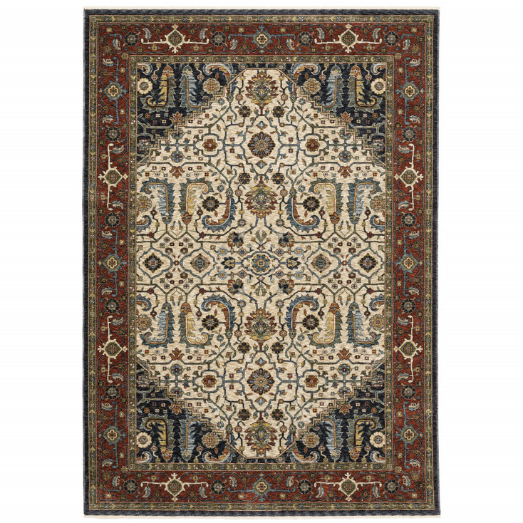 3' x 5' Ivory Beige Red Blue Gold Green and Navy Oriental Power Loom Area Rug with Fringe