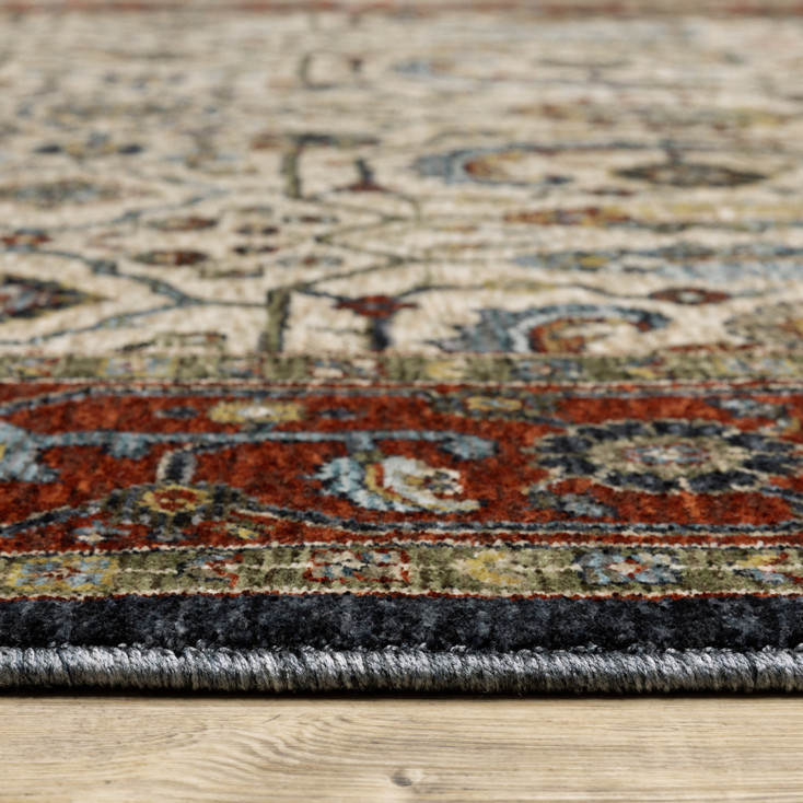 3' x 5' Ivory Beige Red Blue Gold Green and Navy Oriental Power Loom Area Rug with Fringe