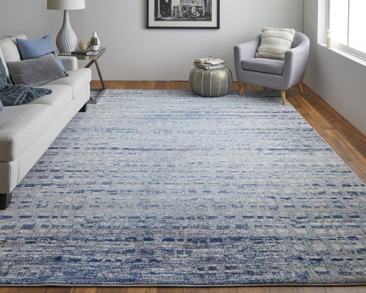 3' x 5' Blue & Ivory Abstract Power Loom Stain Resistant Area Rug