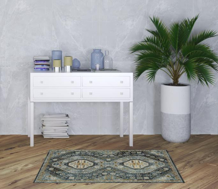 3' x 5' Blue Gold Ivory and Navy Oriental Power Loom Stain Resistant Area Rug with Fringe
