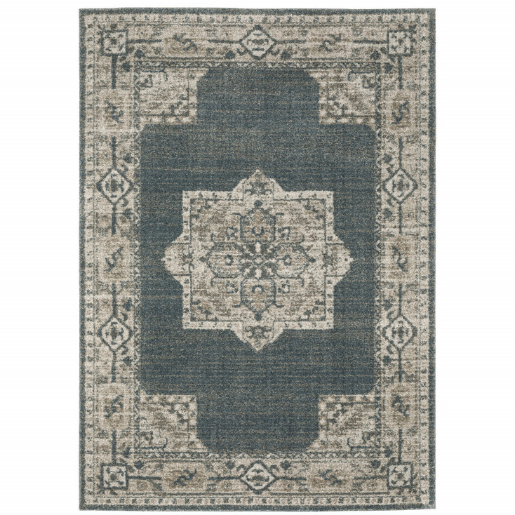 3' x 5' Blue and Beige Oriental Power Loom Stain Resistant Area Rug