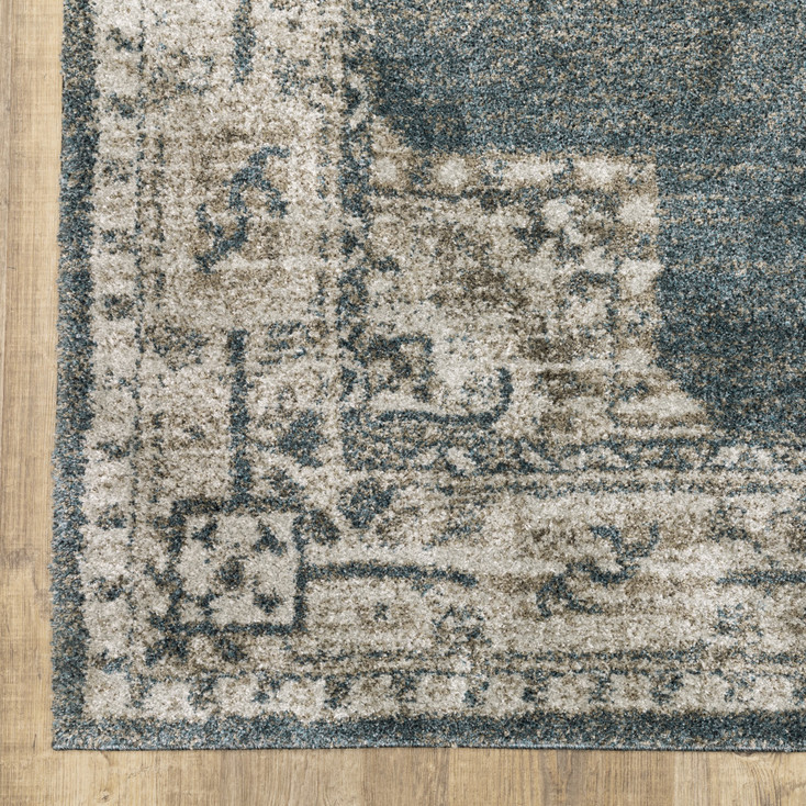 3' x 5' Blue and Beige Oriental Power Loom Stain Resistant Area Rug