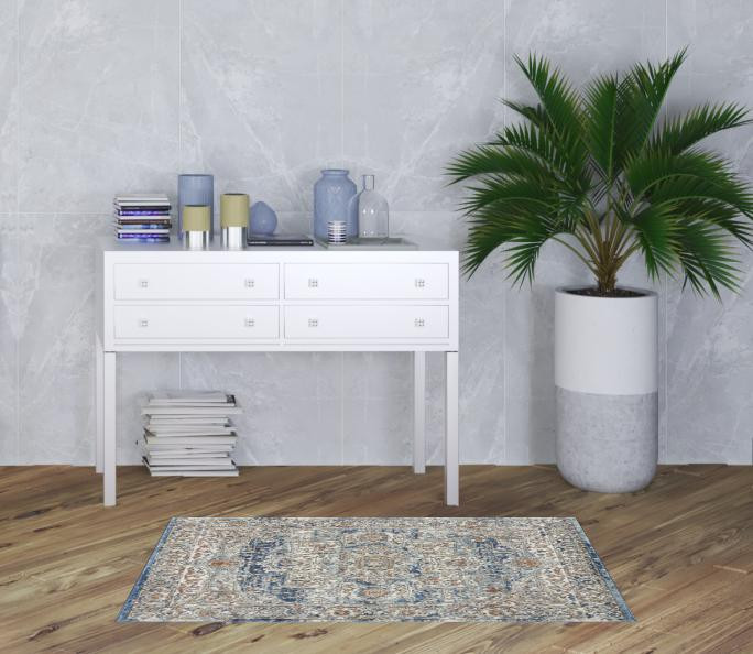 3' x 5' Ivory and Blue Oriental Power Loom Non Skid Area Rug