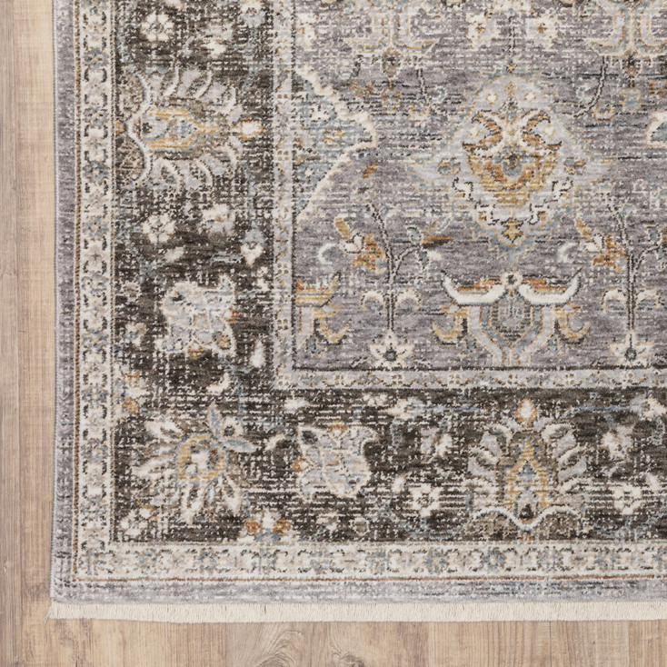 3' x 5' Grey and Blue Oriental Power Loom Stain Resistant Area Rug with Fringe