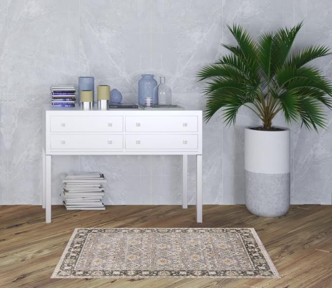 3' x 5' Grey and Blue Oriental Power Loom Stain Resistant Area Rug with Fringe