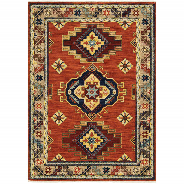 3' x 5' Red Gold Blue Brown Oriental Power Loom Stain Resistant Area Rug with Fringe