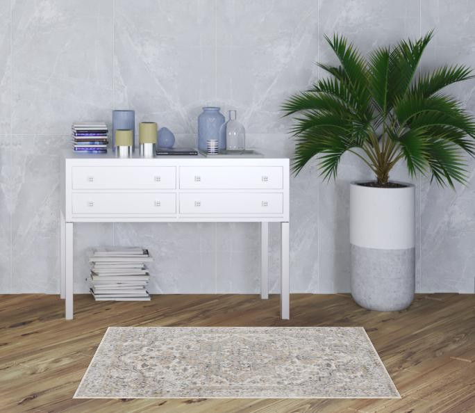 3' x 5' Silver Oriental Power Loom Washable Area Rug