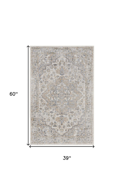 3' x 5' Silver Oriental Power Loom Washable Area Rug