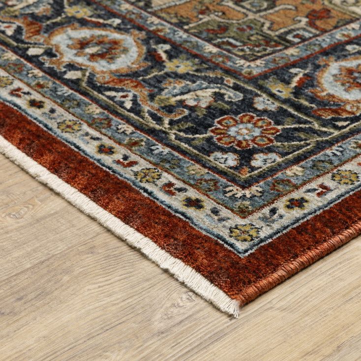 3' x 5' Blue Beige Grey Gold Green and Rust Red Oriental Power Loom Area Rug with Fringe