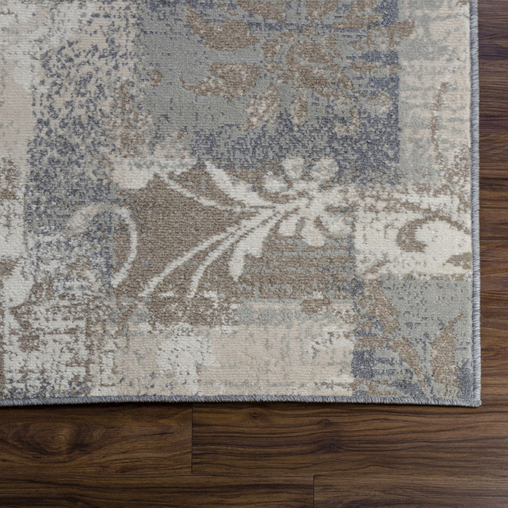 3' x 8' Ivory Gray and Olive Floral Power Loom Distressed Stain Resistant Runner Rug