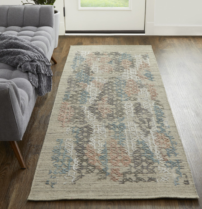 3' x 8' Pink Blue and Taupe Abstract Hand Woven Runner Rug