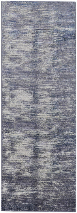 3' x 8' Blue Gray and Ivory Striped Power Loom Distressed Runner Rug