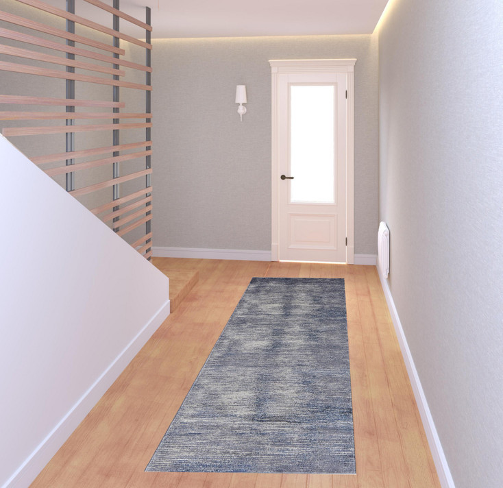 3' x 8' Blue Gray and Ivory Striped Power Loom Distressed Runner Rug