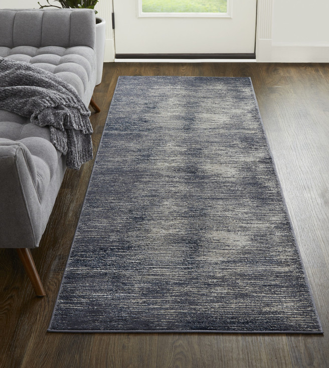 3' x 8' Blue Gray and Ivory Striped Power Loom Distressed Runner Rug