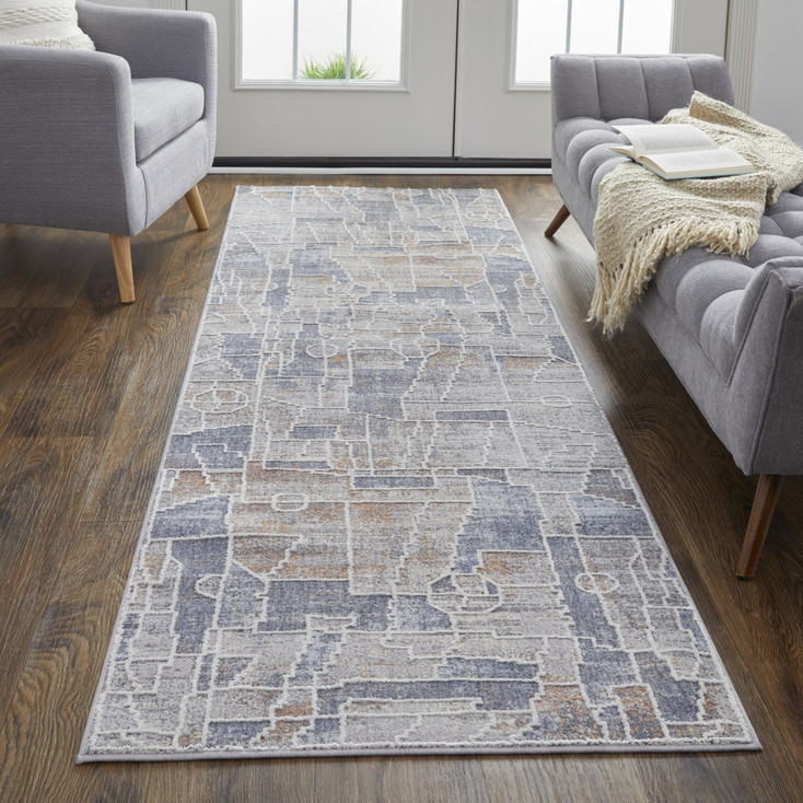 3' x 8' Blue Gray and Orange Geometric Power Loom Stain Resistant Runner Rug