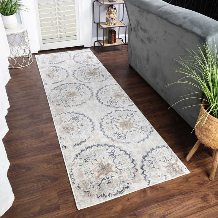 3' x 8' Ivory Geometric Medallion Stain Resistant Runner Rug