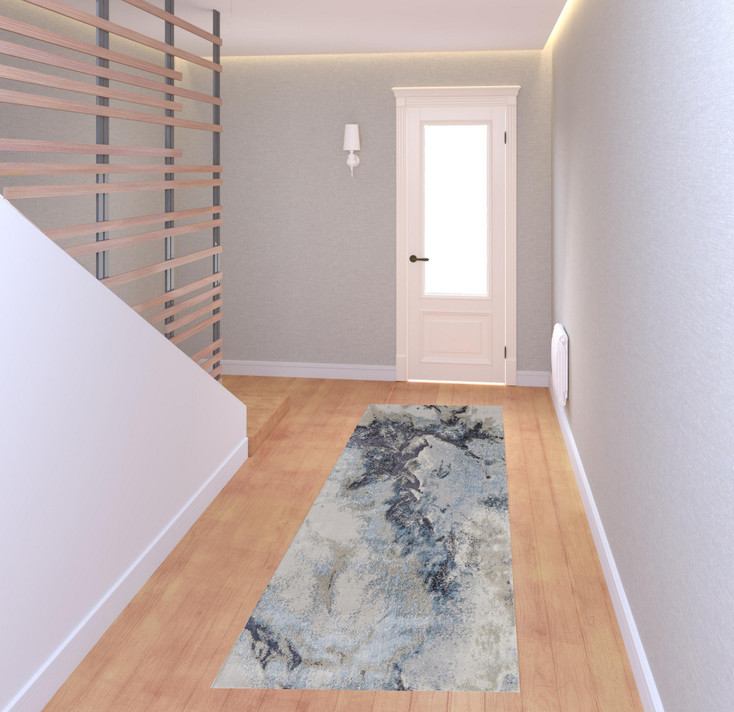 3' x 8' Blue Gray and Ivory Abstract Power Loom Polyester Runner Rug