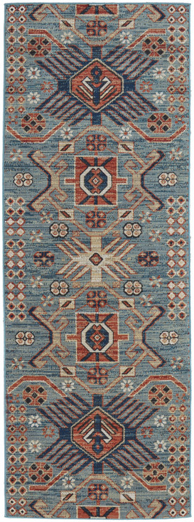 3' x 8' Blue Red & Tan Abstract Power Loom Distressed Stain Resistant Runner Rug