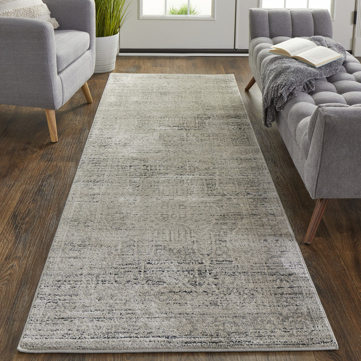 3' x 8' Gray Silver and Taupe Floral Power Loom Distressed Runner Rug