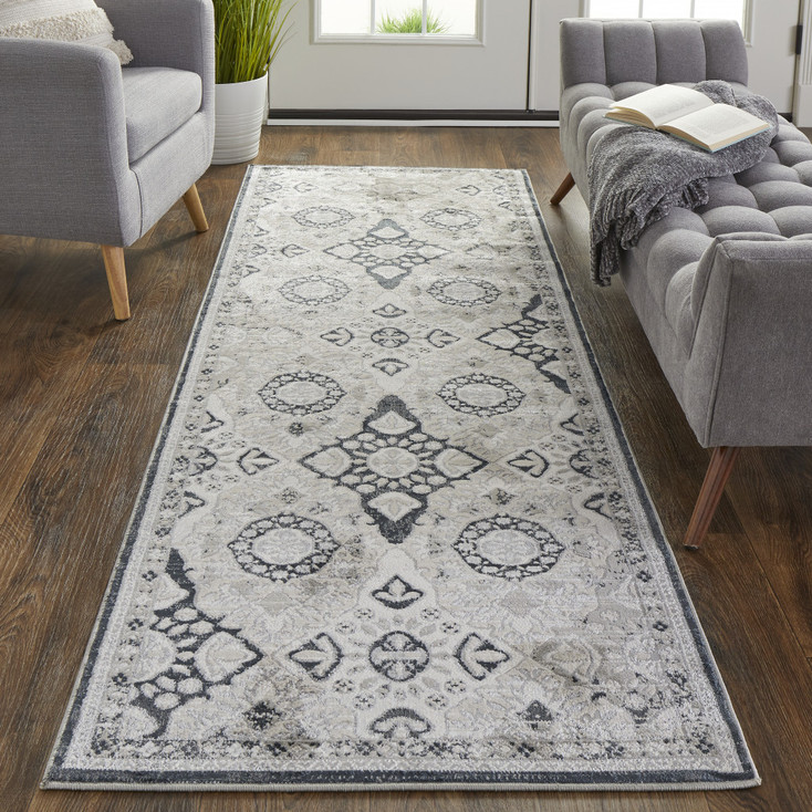 3' x 8' Gray and Black Floral Power Loom Runner Rug