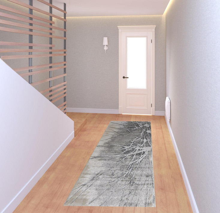 3' x 8' Gray Silver and Ivory Abstract Power Loom Runner Rug
