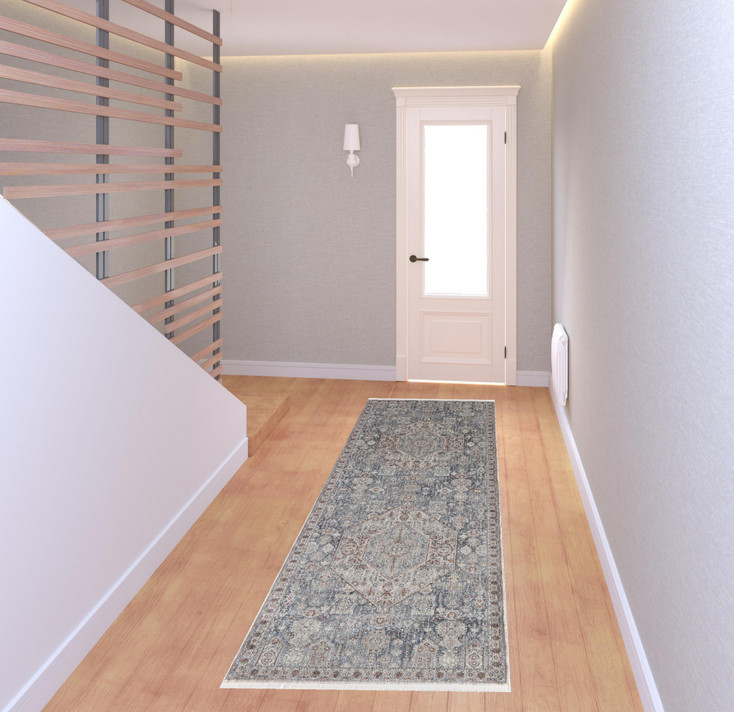 3' x 8' Blue and Ivory Floral Power Loom Stain Resistant Runner Rug
