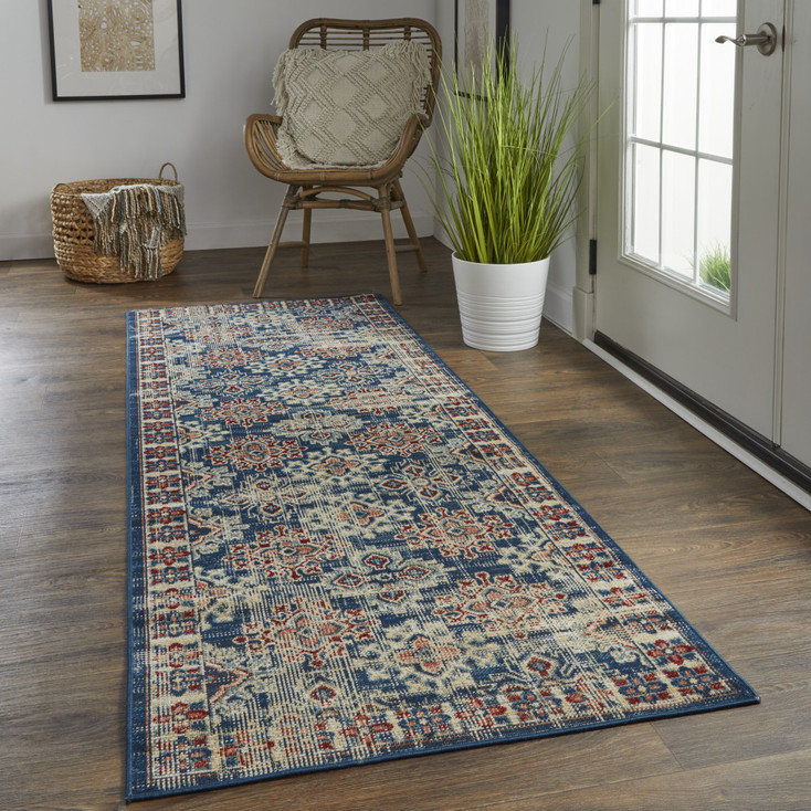 3' x 8' Blue Red and Ivory Abstract Power Loom Distressed Stain Resistant Runner Rug