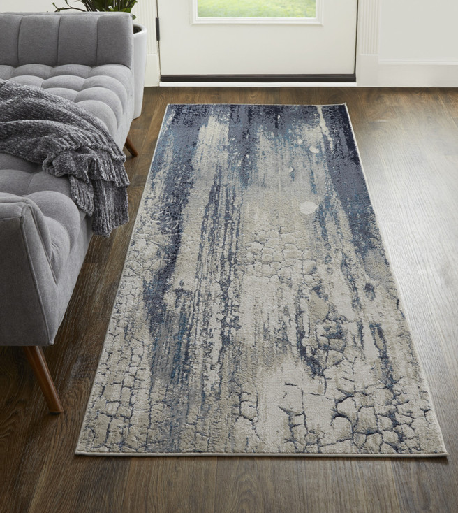 3' x 8' Ivory Blue and Black Abstract Power Loom Distressed Runner Rug
