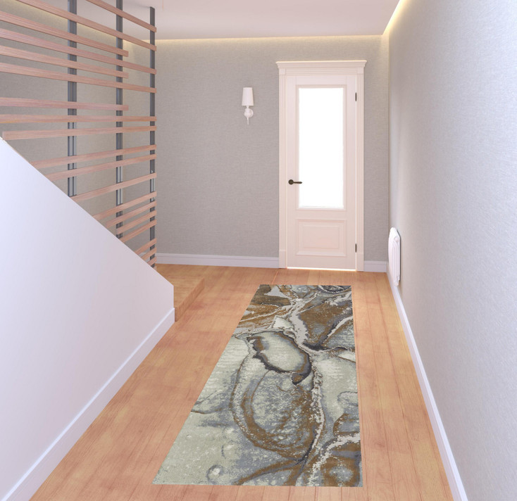 3' x 8' Gray and Brown Abstract Power Loom Runner Rug