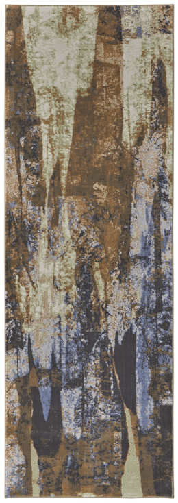 3' x 8' Brown Blue and Ivory Abstract Power Loom Distressed Runner Rug