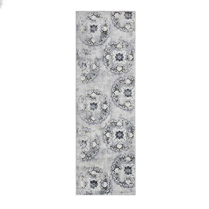 3' x 8' Silver and Gray Geometric Medallion Stain Resistant Runner Rug