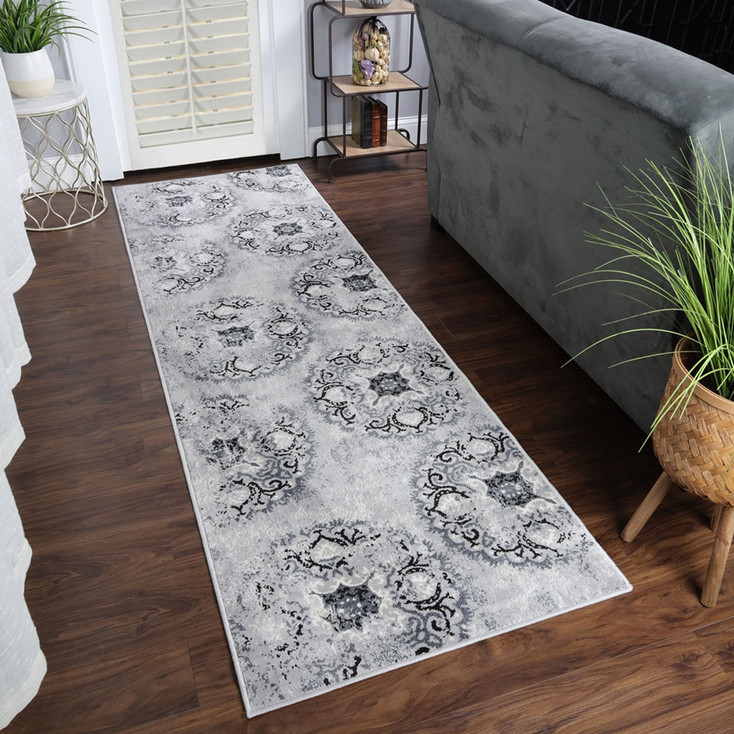 3' x 8' Silver and Gray Geometric Medallion Stain Resistant Runner Rug