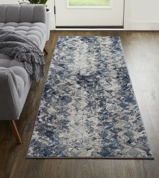 3' x 8' Blue Ivory and Gray Geometric Power Loom Distressed Runner Rug