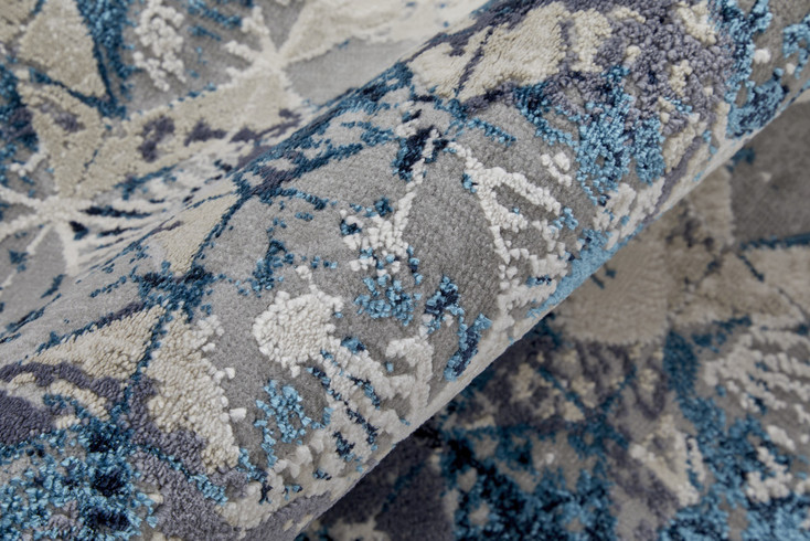 3' x 8' Blue Ivory and Gray Geometric Power Loom Distressed Runner Rug