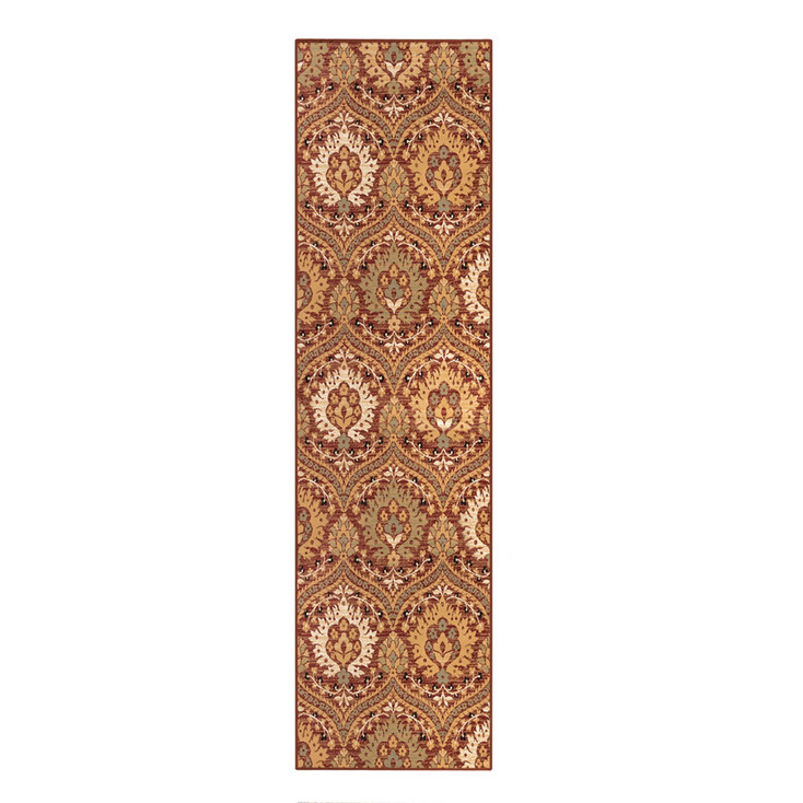 3' x 8' Red Gold and Olive Floral Stain Resistant Runner Rug