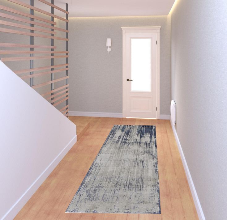 3' x 8' Tan Blue and Ivory Abstract Power Loom Distressed Runner Rug