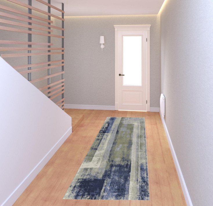 3' x 8' Blue Green and Ivory Abstract Power Loom Distressed Runner Rug