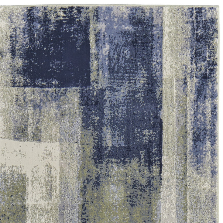 3' x 8' Blue Green and Ivory Abstract Power Loom Distressed Runner Rug