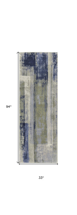 3' x 8' Blue Green and Ivory Abstract Power Loom Distressed Runner Rug