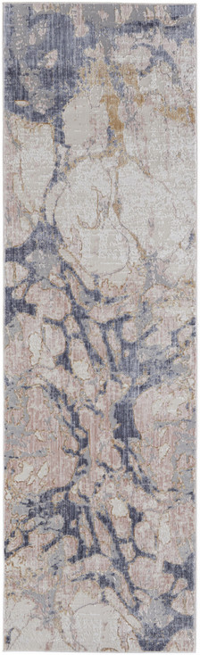 3' x 8' Tan and Blue Abstract Power Loom Distressed Runner Rug
