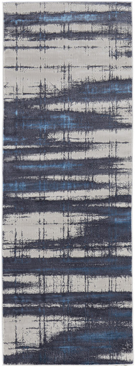 3' x 8' Ivory Blue and Gray Abstract Power Loom Distressed Runner Rug