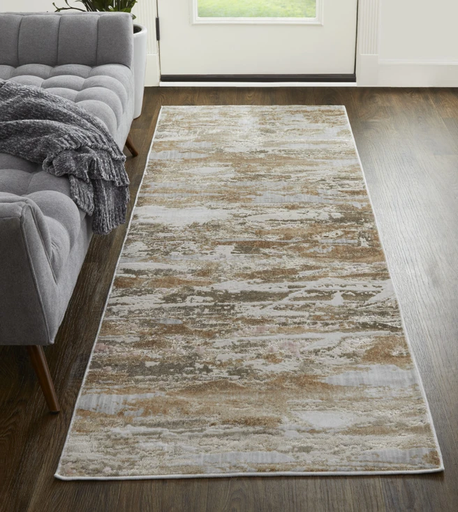 3' x 8' Tan and Ivory Abstract Power Loom Distressed Runner Rug